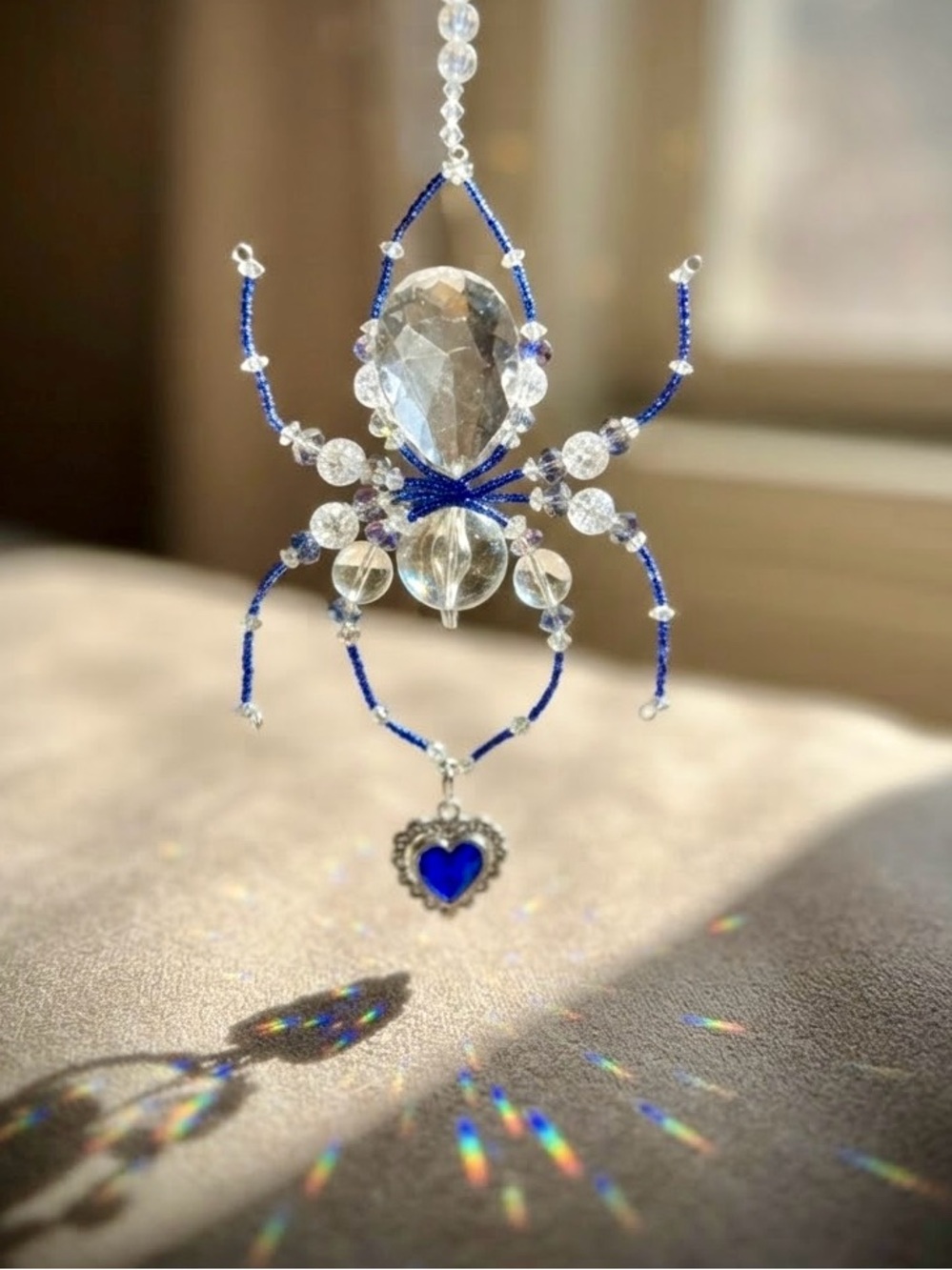 Handcrafted Beaded Crystal Spider Suncatcher Ornament Blue Heart